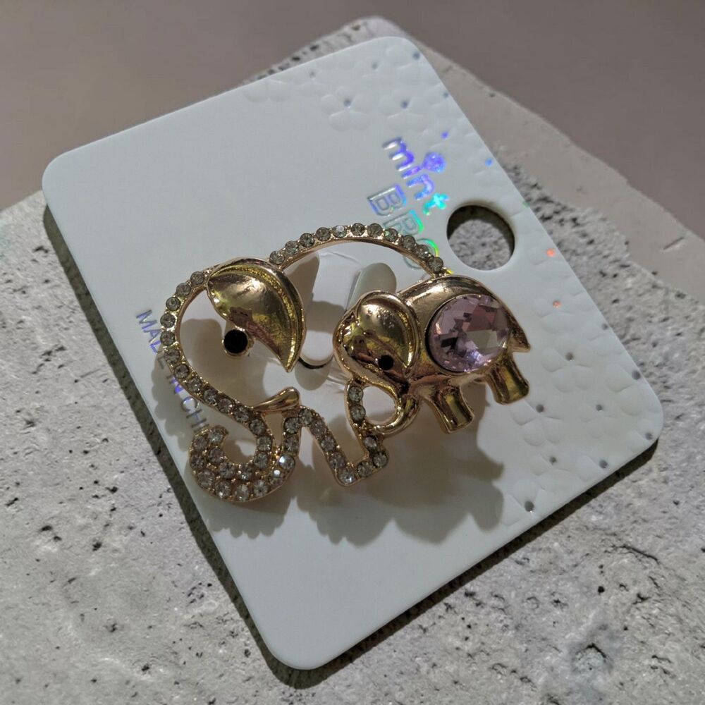 Gold Elephant Brooch Pink Crystal Rhinestone Animal Pin Cute Vintage Style - Picture 4 of 6